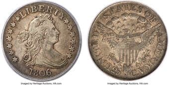 Early Quarters 1806/5 25C B-1, R.2, VF30 PCGS. CAC. The B-1 1806/5 variety was struck from the 1805 B-4 dies -- both...