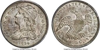 Bust Quarters 1834 25C B-3, R.3, MS63 PCGS. CAC. Tompkins Die State 2/2, die clashing is seen on both sides. This 1834...