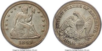 Seated Quarters 1849-O 25C VF25 PCGS. Briggs 1-A. The 1849-O quarter had an estimated mintage of only 16,000 coins,...