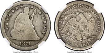 Seated Quarters 1871-CC 25C -- Obverse Scratched -- NGC Details. VG. Briggs 1-A, Flynn-RPD-001. The small mintage of...