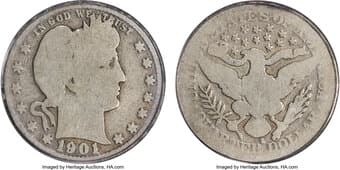 Barber Quarters 1901-S 25C AG3 PCGS. Steel-silver color adorns this piece with some deeper hues helping to outline the...