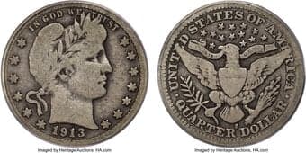 Barber Quarters 1913-S 25C VG8 PCGS. CAC. The 1913 San Francisco Mint mintage of Barber quarters was the lowest of the...