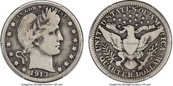 Barber Quarters 1913-S 25C VG10 PCGS. The 1913-S is amongst the three key dates for the Barber quarter series alongside...