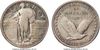 Standing Liberty Quarters 1916 25C VF20 PCGS. Visually pleasing circulated 1916 Standing Liberty quarters can be as...