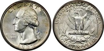 Washington Quarters 1932 25C MS67 PCGS. Attractive frosted silver luster blankets this piece with notes of golden...
