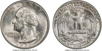 Washington Quarters 1936 25C Doubled Die Obverse, FS-101, MS66 PCGS. Prominent die doubling is most evident on the...