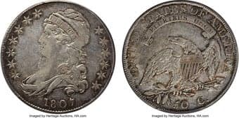 Early Half Dollars 1807 50C Capped Bust, Bearded Goddess, O-111b, High R.4, VF30 PCGS. Large Stars. 50/20. This...