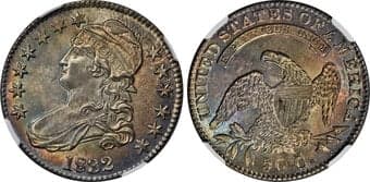 Bust Half Dollars 1832 50C Small Letters, O-122, R.1, MS65 NGC. CAC. Deep gray adorns this piece with hints of bronze...