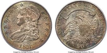 Bust Half Dollars 1833 50C O-110, R.1, MS64 PCGS. Freckled charcoal toning overlays understated silver-gray luster. The...