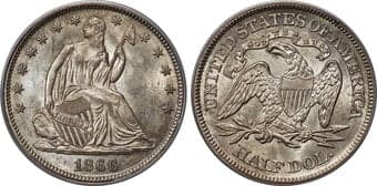 Seated Half Dollars 1866 50C Motto, Misplaced Date, WB-102, FS-302, Die Pair 1, R.3, MS64 PCGS. CAC. Die Pair 1 is the...