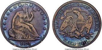 Seated Half Dollars 1873 50C No Arrows, Open 3, WB-101, Die Pair 6, R.5, VG10 ANACS. 1873 was an eventful year for half...
