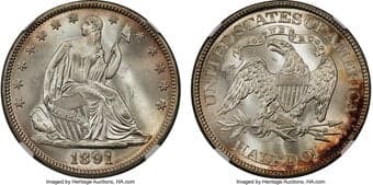 Seated Half Dollars 1891 50C WB-101 -- Reverse Struck Thru -- MS66+ NGC. The 1891 half dollar's mintage of 200,000...