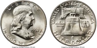 Franklin Half Dollars 1962 50C MS66 Full Bell Lines PCGS. Frosty, brilliant cartwheel luster adorns this Premium Gem...