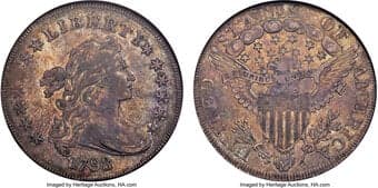 Early Dollars 1798 $1 Large Eagle, Pointed 9, 4 Berries, 4 Lines, B-8, BB-125, R.2, AU53 NGC. Bowers Die State II....