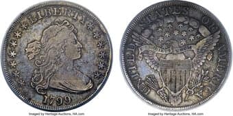 Early Dollars 1799 $1 7x6 Stars, B-5, BB-157, R.2, VF20 PCGS. Bowers Die State II. This die variety and state are...