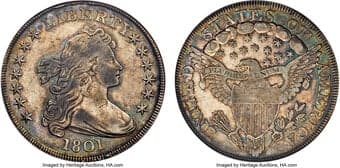 Early Dollars 1801 $1 B-1, BB-211, R.3, XF40 ANACS. Bowers Die State IV. A light die crack from the wing through the...