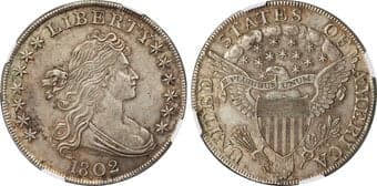 Early Dollars 1802 $1 Narrow Date, B-6, BB-241, R.1, AU55 NGC. Bowers Die State III, as usually encountered with minor...