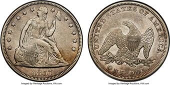 Seated Dollars 1857 $1 VF35 NGC. OC-2, R.3. Osburn-Cushing Die State a/a. The early die state is confirmed by faint die...