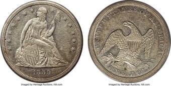 Seated Dollars 1859-S $1 -- Cleaned -- ANACS Details. AU53 Details. OC-1, R.2. Osburn-Cushing Die State c/d. A late die...
