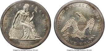 Seated Dollars 1861 $1 -- Cleaned -- PCGS Genuine. Unc Details. OC-3, Low R.6. Osburn-Cushing Die State b/b. The 1861...