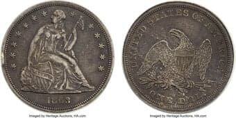 Seated Dollars 1863 $1 OC-1, Low R.3, XF40 PCGS. Osburn-Cushing Die State This is a deeply toned example of a...