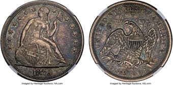 Seated Dollars 1870-CC $1 OC-8, High R.4, AU50 NGC. Osburn-Cushing Die State a/a. This is the sole use of the reverse...