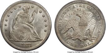 Seated Dollars 1871 $1 Misplaced Date, FS-301, MS63+ PCGS. OC-14, High R.5. Osburn-Cushing Die State a/a. Soft, pillowy...