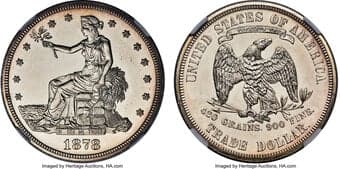 Proof Trade Dollars 1878 T$1 PR62 Cameo NGC. Icy devices rise above the glassy fields of this well struck specimen,...