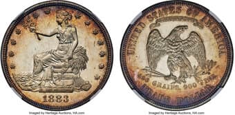 Proof Trade Dollars 1883 T$1 PR65 Cameo NGC. The rims of this example display illustrious gold, rose, and cobalt-blue...