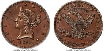 Patterns 1861 $10 Ten Dollar, Judd-285, Pollock-340, High R.6, PR64 Brown PCGS. Both the obverse and reverse designs...