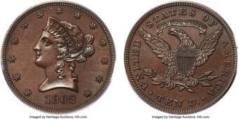 Patterns 1862 $10 Ten Dollar, Judd-297, Pollock-356, R.6, PR64 Brown PCGS. The obverse is of the regular eagle dies for...