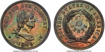 Patterns 1863 2C Two Cent, Judd-305, Pollock-370, Baker-37, GW-670, R.4, PR61 Red and Brown ANACS. A bust of George...