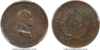 Patterns 1863 2C Two Cent Piece, Judd-305 Variety, Pollock-370, Baker-37, GW-670, Bronze, PR63 Brown PCGS. 92.6 grains....