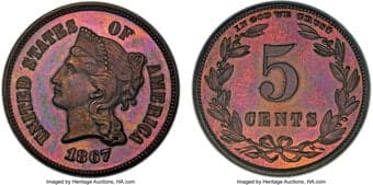 Patterns 1867 5C Five Cents, Judd-567, Pollock-628, Low R.7, PR65 Red and Brown PCGS. The obverse design is a larger...