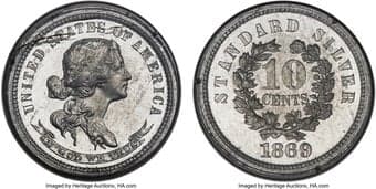 Patterns 1869 10C Standard Silver Ten Cents, Judd-713, Pollock-792, R.7, PR65 PCGS. CAC. On the obverse Liberty faces...