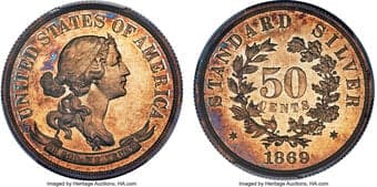 Patterns 1869 50C Standard Silver Half, Judd-754, Pollock-838, R.5, PR66 Cameo PCGS. CAC. Liberty's bust faces right...