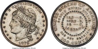 Patterns 1879 $1 Goloid Metric Dollar, Judd-1627, Pollock-1823, R.5, PR63 NGC. CAC. William Barber's design for the...