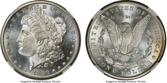 Morgan Dollars 1880-S $1 MS68 NGC. Cool, frosted silver luster adorns this piece with reflective but visually frosty...