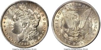 Morgan Dollars 1886-O $1 MS63+ PCGS. CAC. Sharply detailed design elements and lightly marked surfaces underlie vibrant...
