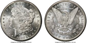 Morgan Dollars 1892-CC $1 MS63 PCGS. VAM-14A. The VAM is identifiable by a myriad of die cracks that run through the...