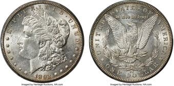 Morgan Dollars 1893-CC $1 AU58 PCGS. CAC. VAM-2. Carson City struck 677,000 Morgans in 1893 during its final coin...