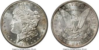 Morgan Dollars 1896-S $1 MS63 PCGS. Mostly brilliant surfaces covered in frosty, silver luster are displayed on this...