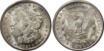 Morgan Dollars 1921-S $1 MS66 PCGS. Lustrous soft silver luster engrosses this example with some small spots of coppery...