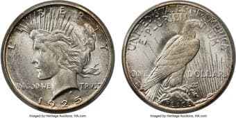 Peace Dollars 1925-S $1 MS64+ PCGS. CAC. VAM-3. A Top 50 Variety. Evidence of the doubling can be seen on the right...