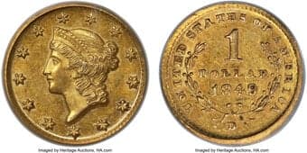 Gold Dollars 1849-D G$1 AU55 PCGS. Winter 1-A, showing the D mintmark set left of center. The first issue of gold...