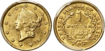 Gold Dollars 1853-C G$1 MS62 PCGS. Winter-1. This example is somewhat weakly struck, but this is typical for the 1853-C...