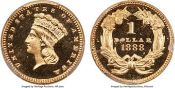 Proof Gold Dollars 1888 G$1 JD-1, High R.4, PR64 Deep Cameo PCGS. Vibrant orange-gold surfaces and deeply mirrored...