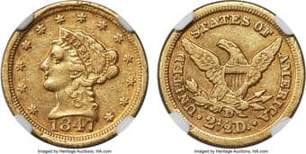 Liberty Quarter Eagles 1847-D $2 1/2 XF45 NGC. Winter 9-N. Ex: Manhattan Collection. The Dahlonega mint's 15,784-piece...
