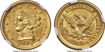 Liberty Quarter Eagles 1851-D $2 1/2 AU55 NGC. Ex: Manhattan Collection. This example is well-struck, with bright...