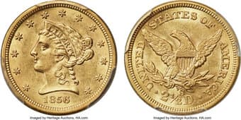 Liberty Quarter Eagles 1856-S $2.50 S.S. Central America #2 MS61 PCGS. Lovely wheat-gold surfaces cover well-struck...
